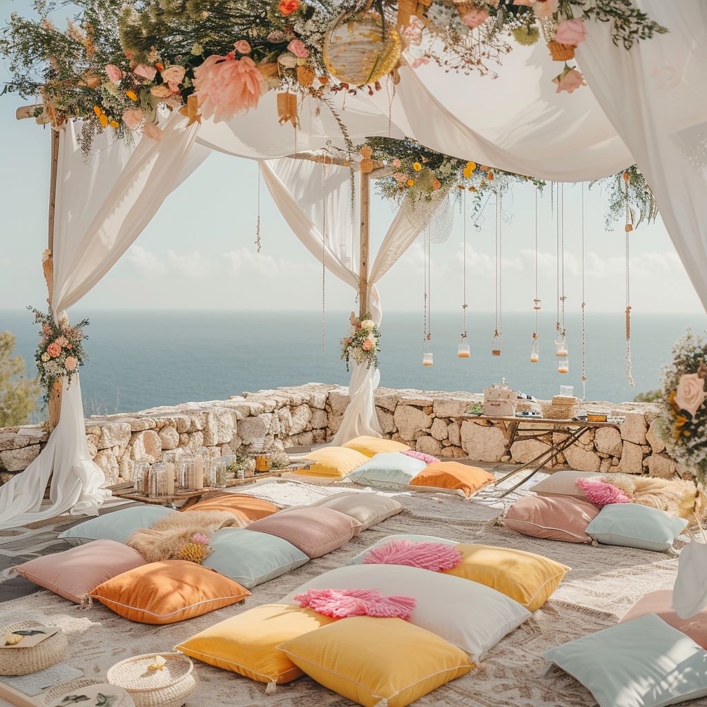 Elegant wedding kids play area in Mallorca with cushions and sea view